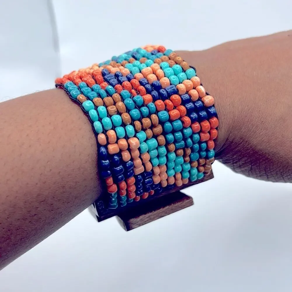 Colorful Boho Beaded Bracelet w/wooden clasp